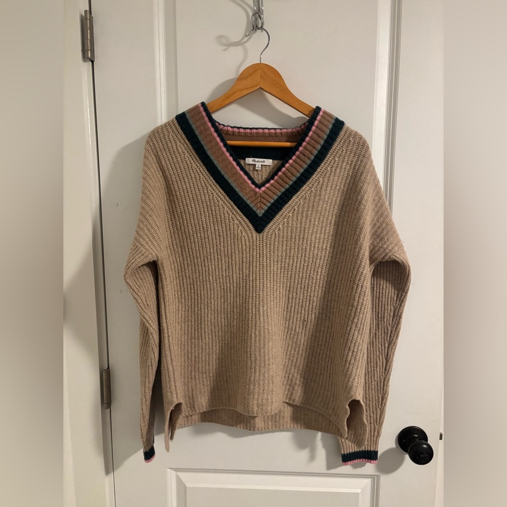 MADEWELL Tipped Forrest V-Neck Sweater Heather Birch Wool Knit Size Medium - Picture 5 of 9
